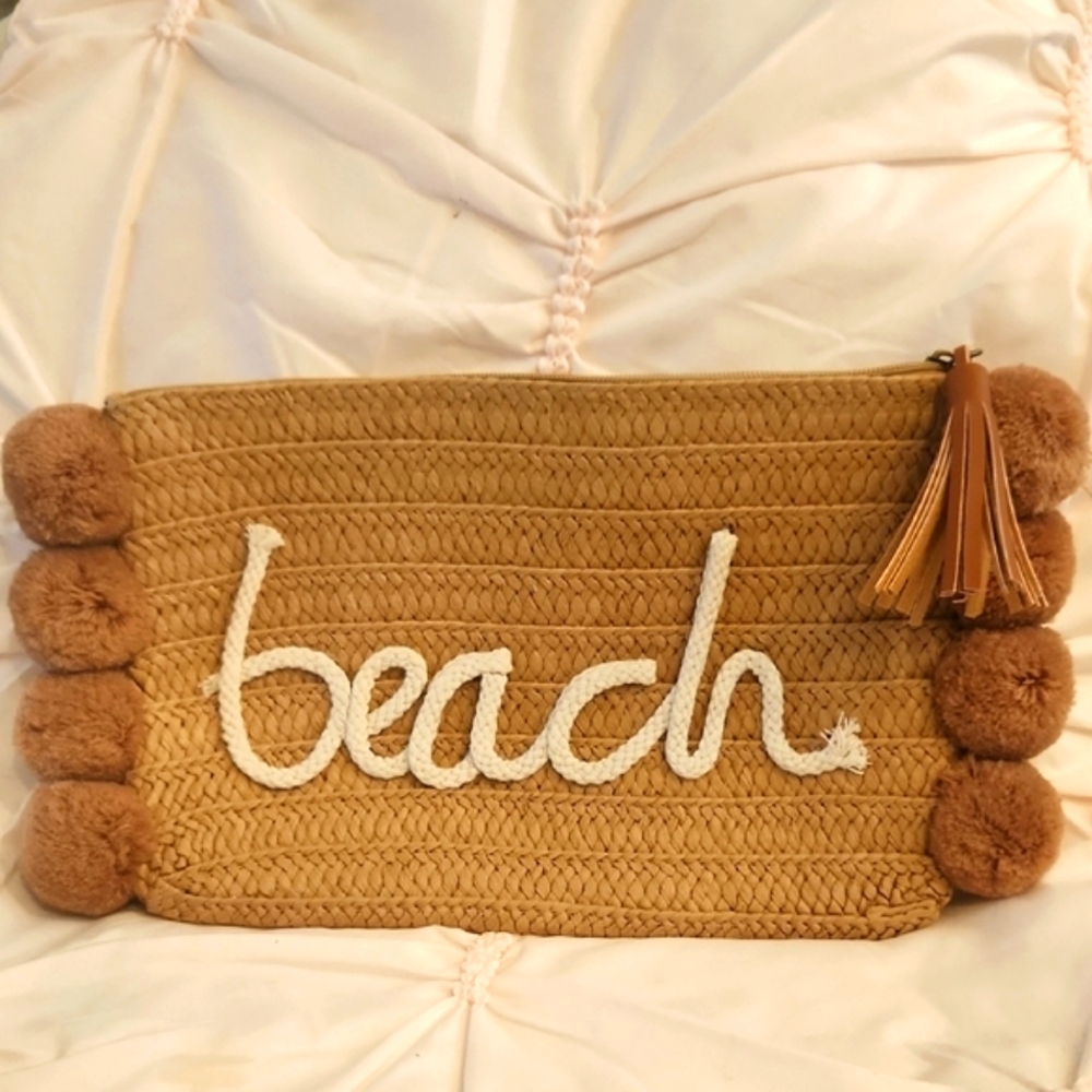 Tan Beach Clutch with Pom Poms